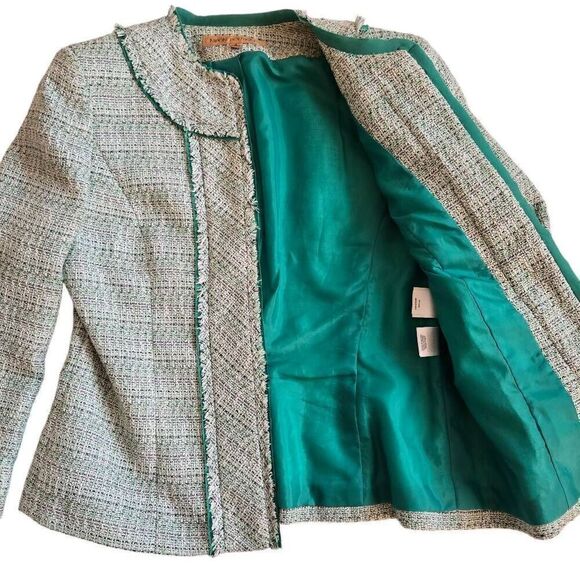 Nipon Boutique Womens Open Front Frayed Trim Tweed Blazer Jacket Green White 4 - Picture 3 of 12